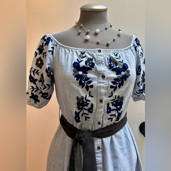 Zara Embroidered Sequinned Blue Dress &  Black Belt - Picture 2 of 16